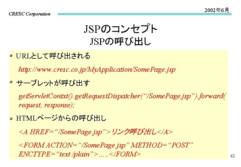 2002年 6月 CRESC Corporation JSPのコンセプト JSPの呼び出し URLとして呼び出される http: //www. cresc. co. jp/My. Application/Some. Page.