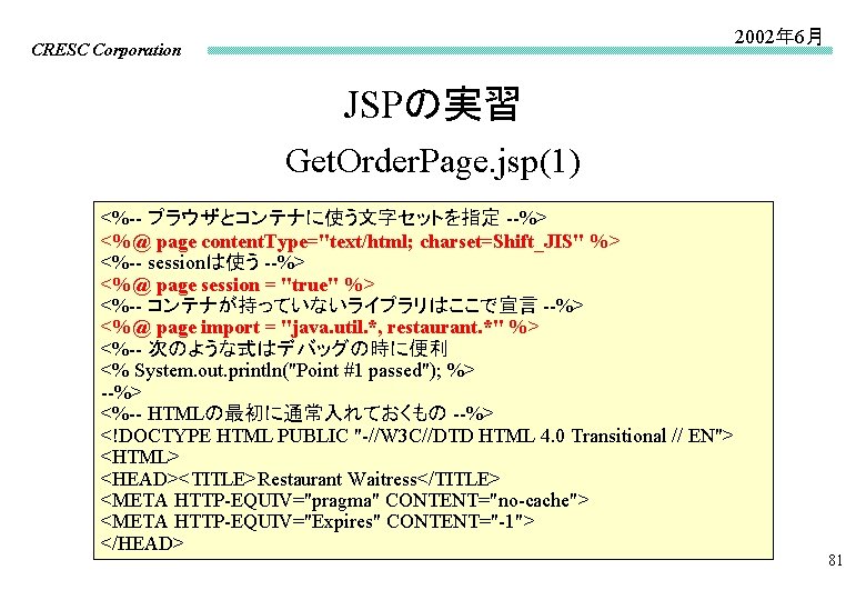 2002年 6月 CRESC Corporation JSPの実習 Get. Order. Page. jsp(1) <%-- ブラウザとコンテナに使う文字セットを指定 --%> <%@ page