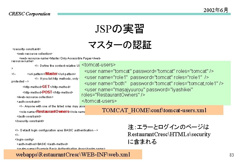 2002年 6月 CRESC Corporation JSPの実習 マスターの認証 <security-constraint> <web-resource-collection> <web-resource-name>Master Only Accessible Pages</webresource-name> <!-- Define