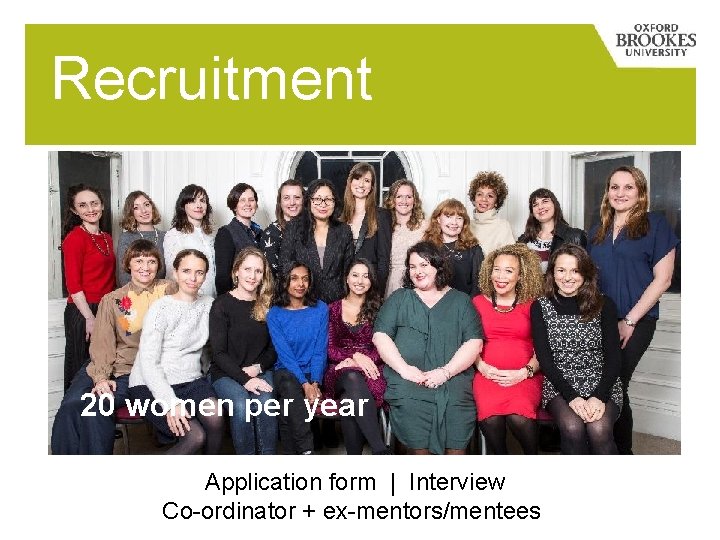 Recruitment 20 women per year Application form | Interview Co-ordinator + ex-mentors/mentees 