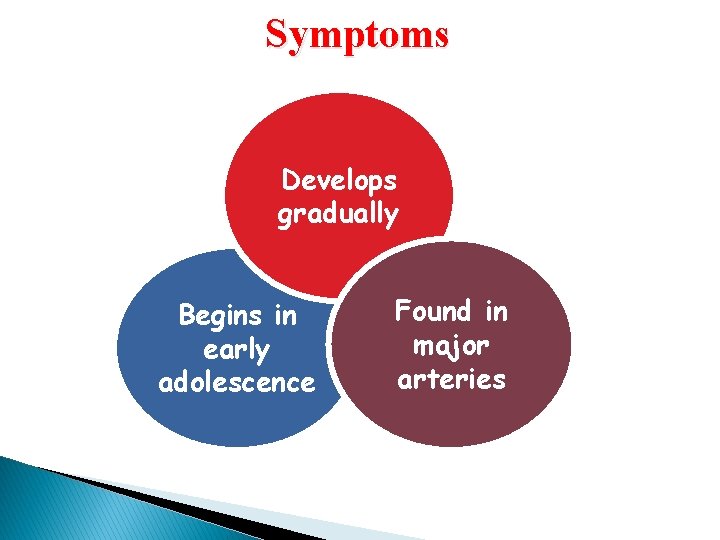Symptoms Develops gradually Begins in early adolescence Found in major arteries 