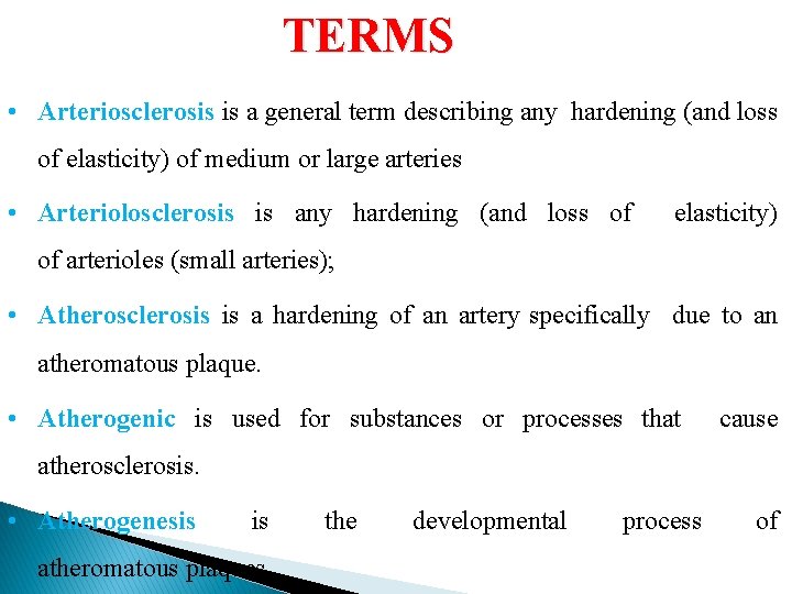 TERMS • Arteriosclerosis is a general term describing any hardening (and loss of elasticity)