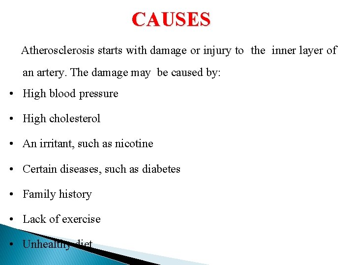 CAUSES Atherosclerosis starts with damage or injury to the inner layer of an artery.