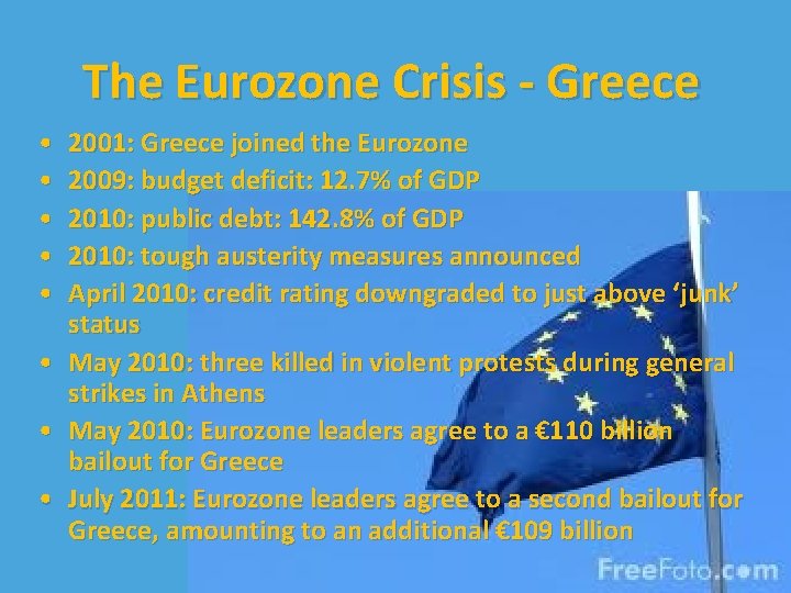 The Eurozone Crisis - Greece • • • 2001: Greece joined the Eurozone 2009: