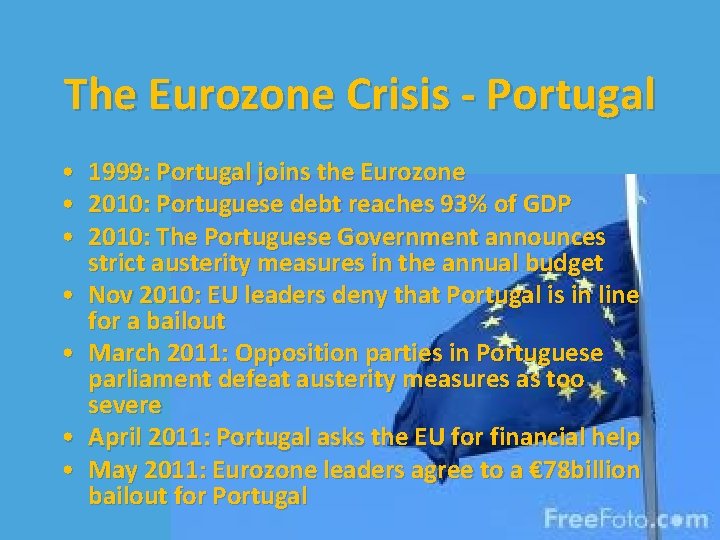 The Eurozone Crisis - Portugal • • 1999: Portugal joins the Eurozone 2010: Portuguese