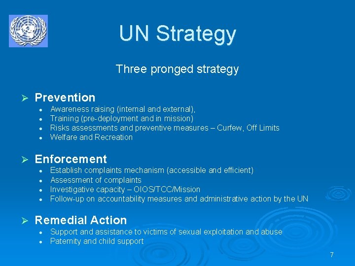 UN Strategy Three pronged strategy Ø Prevention l l Ø Enforcement l l Ø