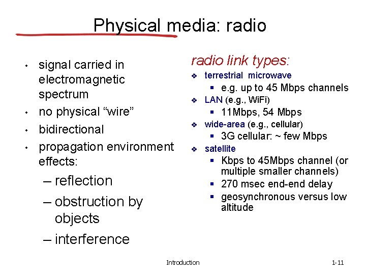 Physical media: radio • • signal carried in electromagnetic spectrum no physical “wire” bidirectional