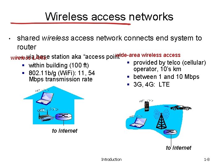 Wireless access networks • shared wireless access network connects end system to router wide-area