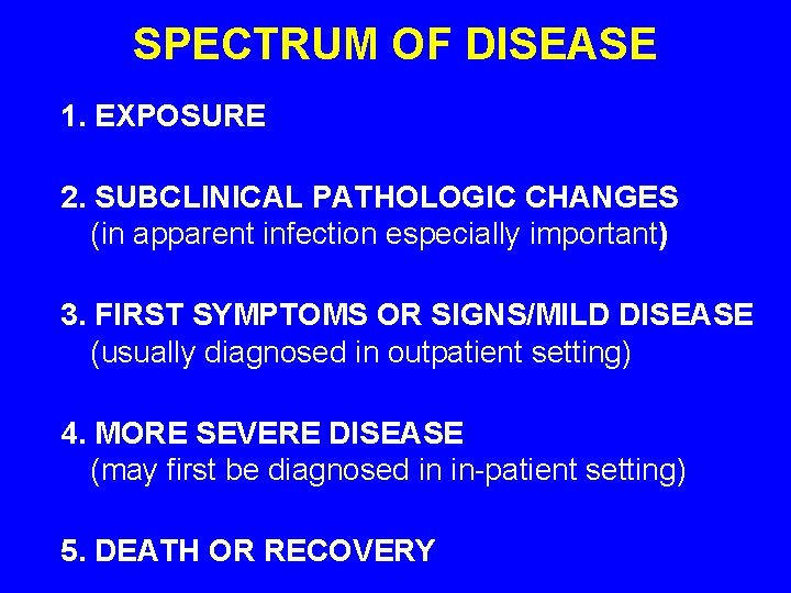 SPECTRUM OF DISEASE 1. EXPOSURE 2. SUBCLINICAL PATHOLOGIC CHANGES (in apparent infection especially important)