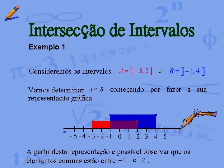 Intersecção de Intervalos Exemplo 1 Consideremos os intervalos Vamos determinar representação gráfica e começando Intersecção de Intervalos Exemplo 1 Consideremos os intervalos Vamos determinar representação gráfica e começando