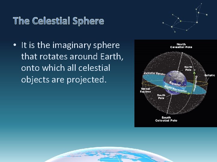 The Celestial Sphere • It is the imaginary sphere that rotates around Earth, onto