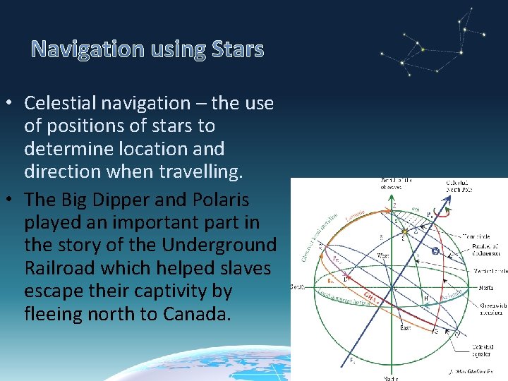 Navigation using Stars • Celestial navigation – the use of positions of stars to