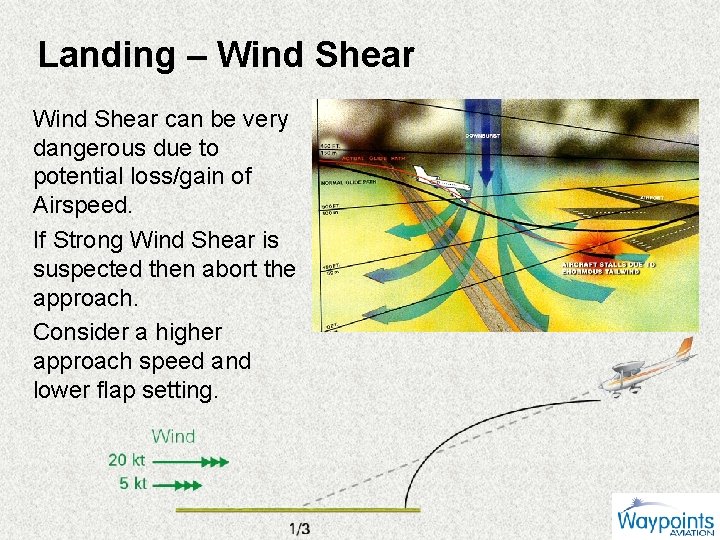 Landing – Wind Shear can be very dangerous due to potential loss/gain of Airspeed.