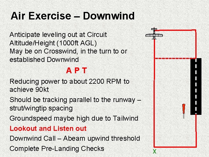 Air Exercise – Downwind Anticipate leveling out at Circuit Altitude/Height (1000 ft AGL) May