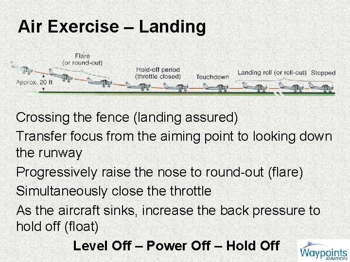 Air Exercise – Landing Crossing the fence (landing assured) Transfer focus from the aiming