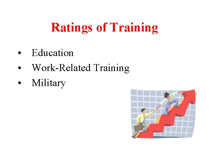 Ratings of Training • Education • Work-Related Training • Military Ratings of Training • Education • Work-Related Training • Military