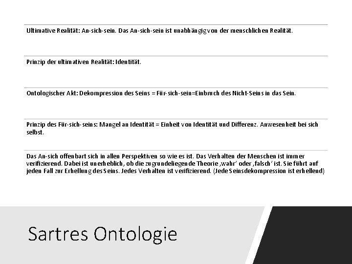 Ultimative Realität: An-sich-sein. Das An-sich-sein ist unabhängig von der menschlichen Realität. Prinzip der ultimativen