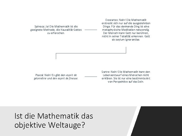 Spinoza: Ja! Die Mathematik ist die geeignete Methode, die Kausalität Gottes zu erforschen. Descartes: