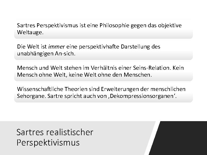 Sartres Perspektivismus ist eine Philosophie gegen das objektive Weltauge. Die Welt ist immer eine