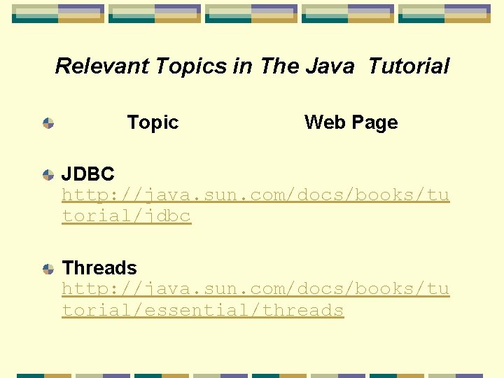 Relevant Topics in The Java Tutorial Topic Web Page JDBC http: //java. sun. com/docs/books/tu