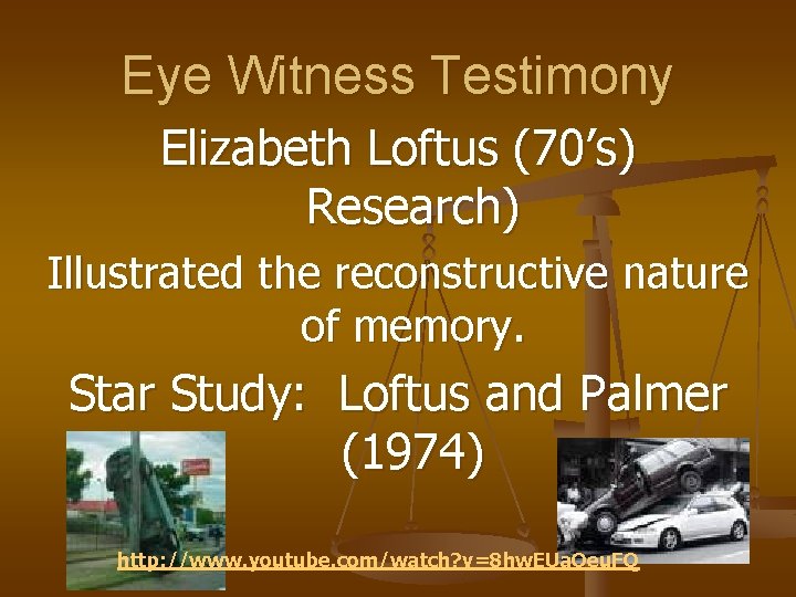 Eye Witness Testimony Elizabeth Loftus (70’s) Research) Illustrated the reconstructive nature of memory. Star