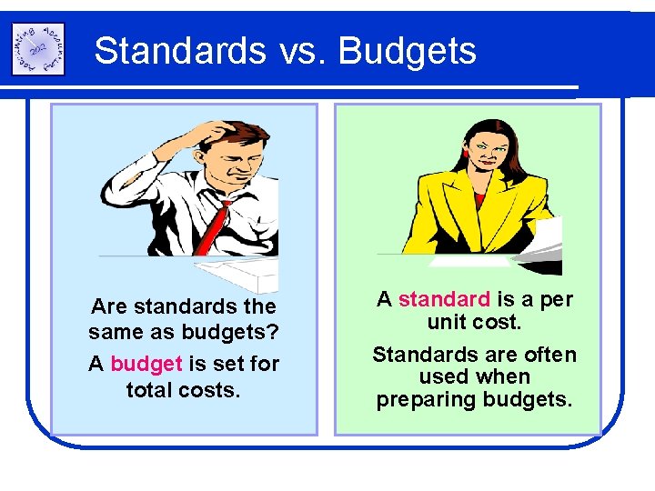 Standards vs. Budgets Are standards the same as budgets? A budget is set for