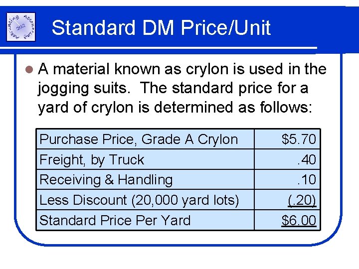 Standard DM Price/Unit l. A material known as crylon is used in the jogging