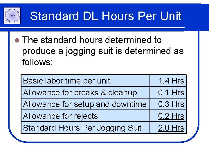 Standard DL Hours Per Unit l The standard hours determined to produce a jogging