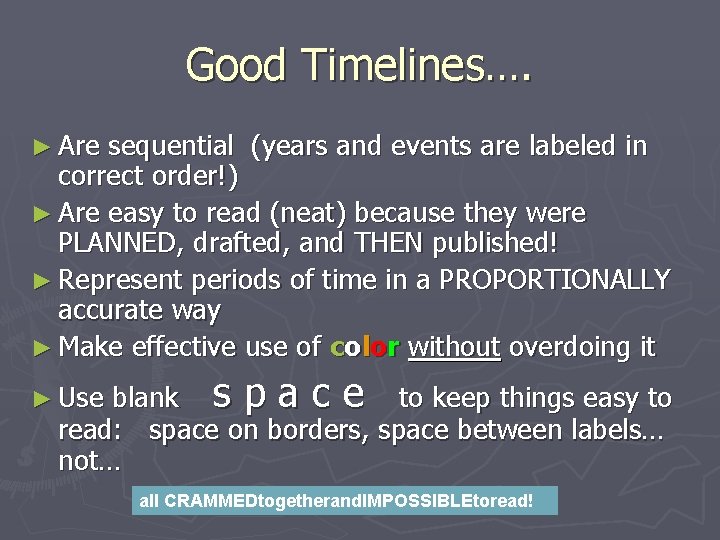 Good Timelines…. ► Are sequential (years and events are labeled in correct order!) ►