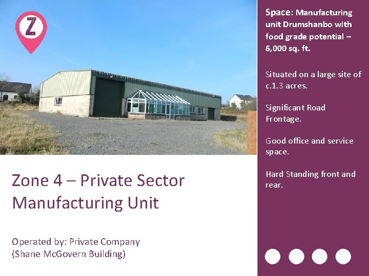 Space: Manufacturing unit Drumshanbo with food grade potential – 6, 000 sq. ft. Situated