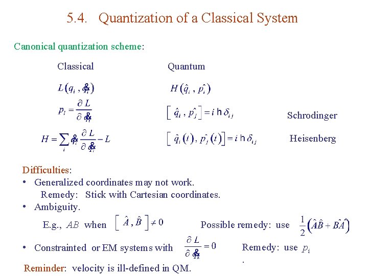 5. 4. Quantization of a Classical System Canonical quantization scheme: Classical Quantum Schrodinger Heisenberg