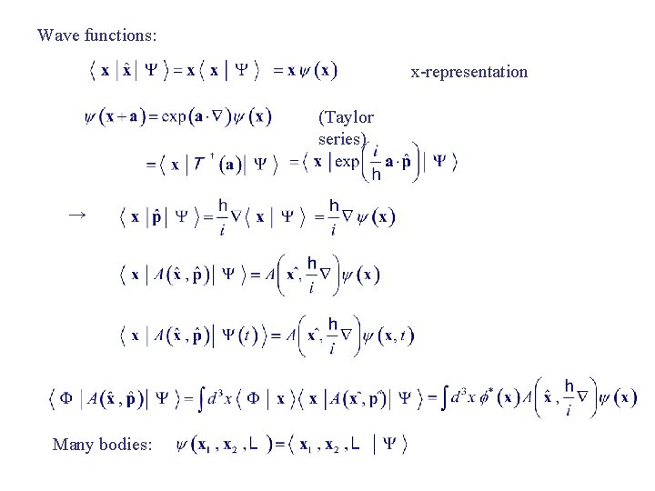 Wave functions: x-representation (Taylor series) → Many bodies: 