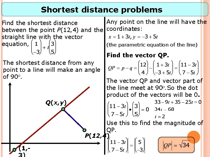 Shortest distance problems Any point on the line will have the Find the shortest