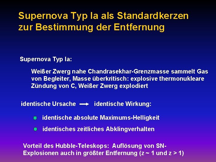 Supernova Typ Ia als Standardkerzen zur Bestimmung der Entfernung Supernova Typ Ia: Weißer Zwerg