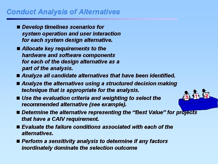 Conduct Analysis of Alternatives n Develop timelines scenarios for system operation and user interaction Conduct Analysis of Alternatives n Develop timelines scenarios for system operation and user interaction