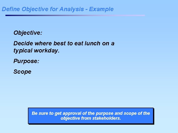 Define Objective for Analysis - Example Objective: Decide where best to eat lunch on