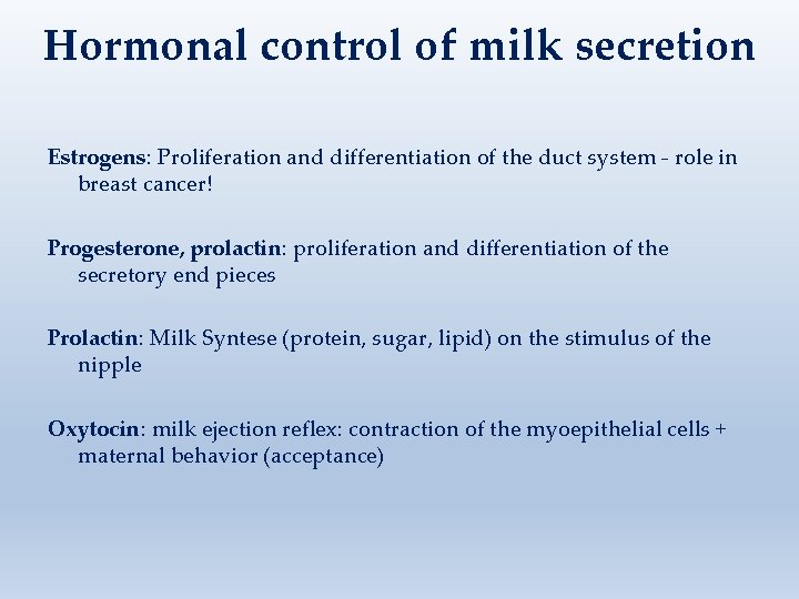 Hormonal control of milk secretion Estrogens: Proliferation and differentiation of the duct system -