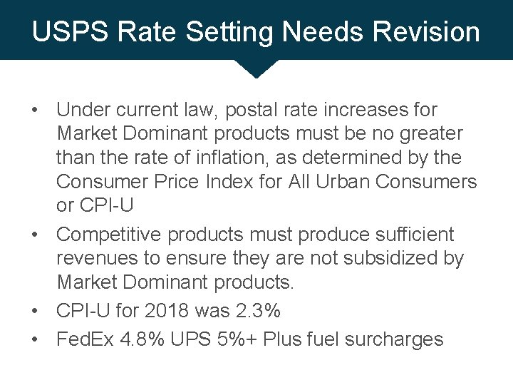 USPS Rate Setting Needs Revision • Under current law, postal rate increases for Market