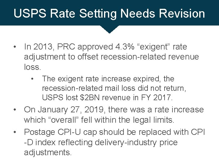 USPS Rate Setting Needs Revision • In 2013, PRC approved 4. 3% “exigent” rate