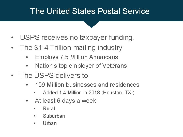 The United States Postal Service • USPS receives no taxpayer funding. • The $1.