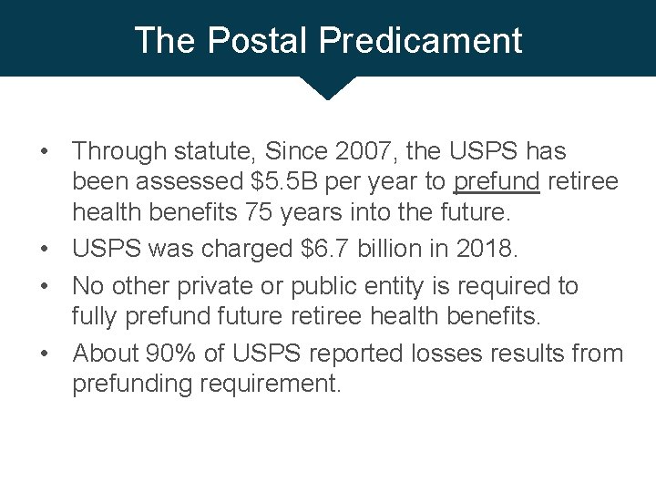 The Postal Predicament • Through statute, Since 2007, the USPS has been assessed $5.