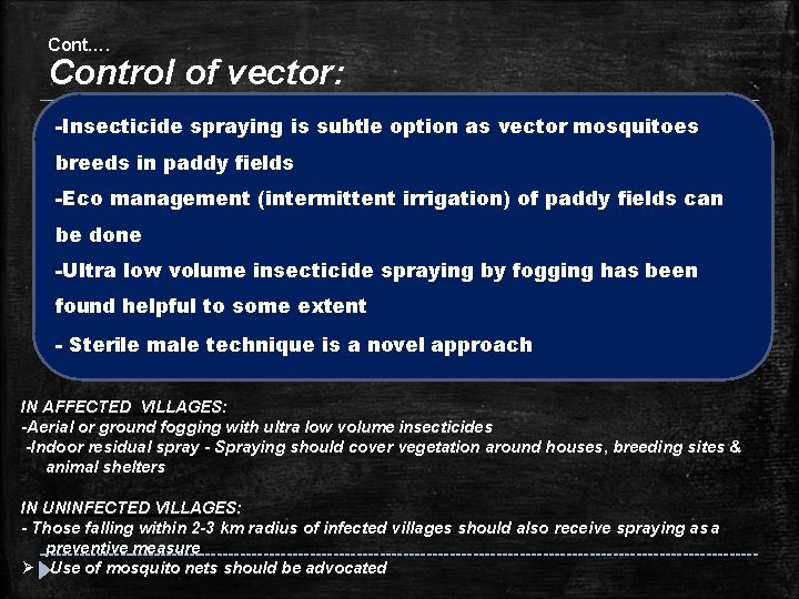 Cont…. Control of vector: -Insecticide spraying is subtle option as vector mosquitoes breeds in Cont…. Control of vector: -Insecticide spraying is subtle option as vector mosquitoes breeds in