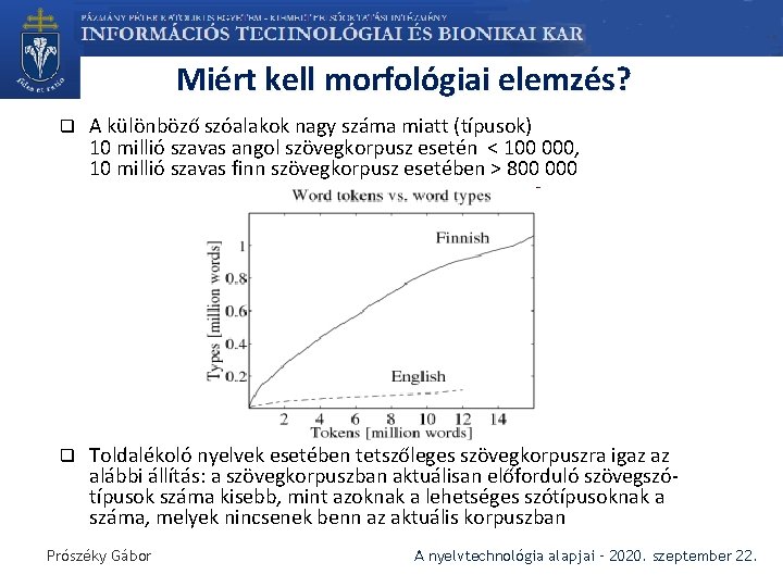 Miért kell morfológiai elemzés? q A különböző szóalakok nagy száma miatt (típusok) 10 millió