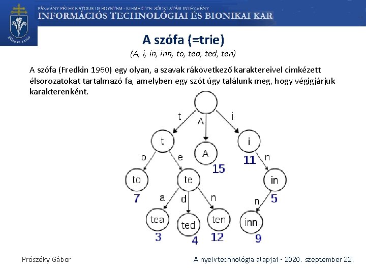 A szófa (=trie) (A, i, inn, to, tea, ted, ten) A szófa (Fredkin 1960)