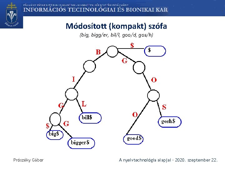 Módosított (kompakt) szófa (big, bigg/er, bil/l, goo/d, gos/h) Prószéky Gábor A nyelvtechnológia alapjai –