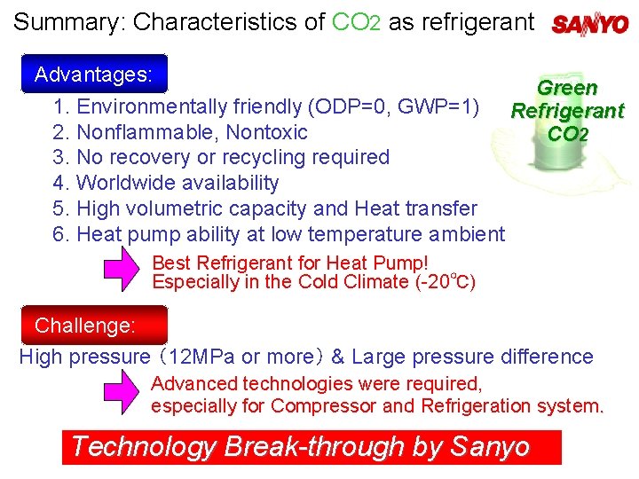 Summary: Characteristics of CO 2 as refrigerant Advantages: 　 Green 1. Environmentally friendly (ODP=0,