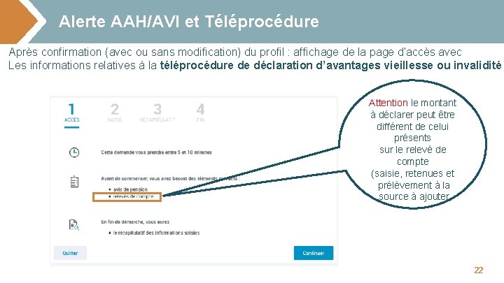Alerte AAH/AVI et Téléprocédure Après confirmation (avec ou sans modification) du profil : affichage