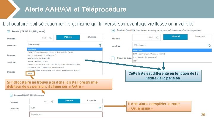 Alerte AAH/AVI et Téléprocédure L’allocataire doit sélectionner l’organisme qui lui verse son avantage vieillesse