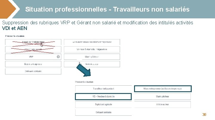 Situation professionnelles - Travailleurs non salariés Suppression des rubriques VRP et Gérant non salarié