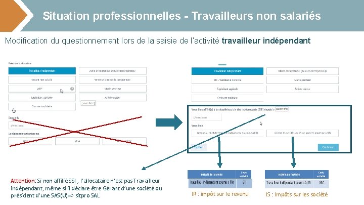 Situation professionnelles - Travailleurs non salariés Modification du questionnement lors de la saisie de